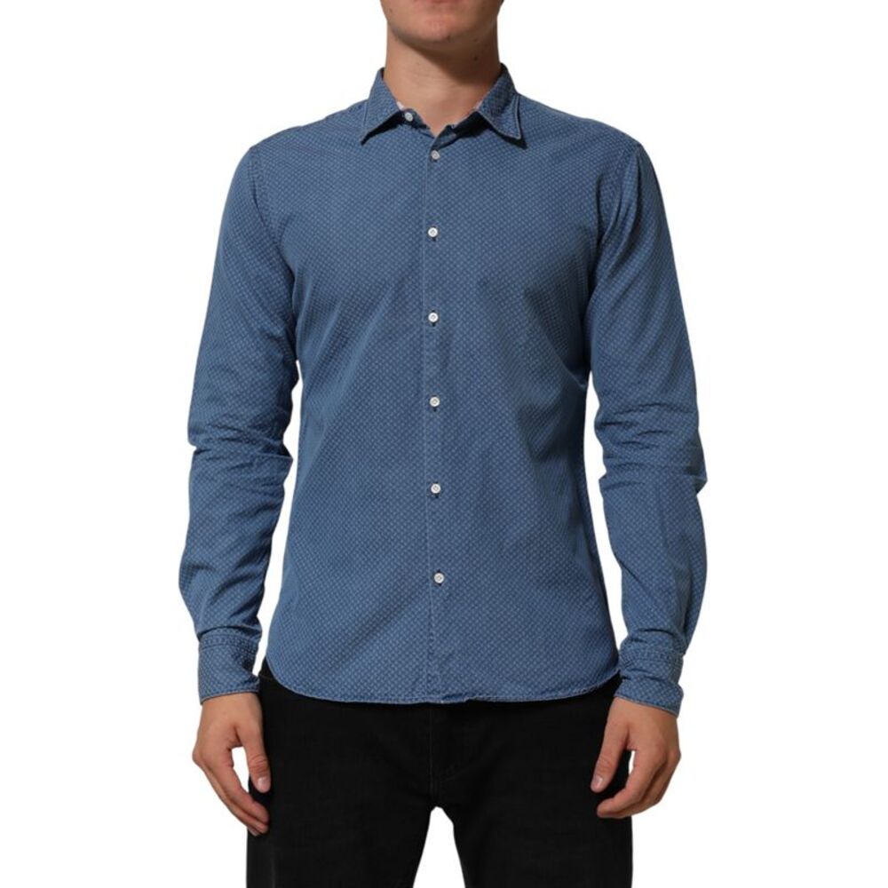 AGLINI Blue Cotton Slim Fit Collared Long Sleeve Casual Men's Shirt